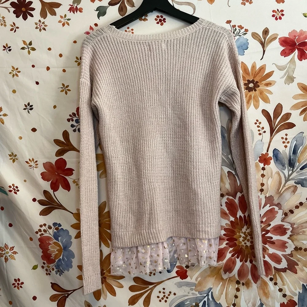 NWT SO Girls XL/16 Pale Pink Gold Heart Ruffle Hem Fall Winter Valentine Sweater